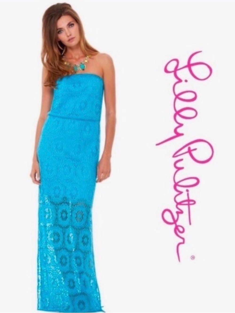 Lilly Pulitzer Strapless Turquoise Crochet Maxi Dress Sz XS Women